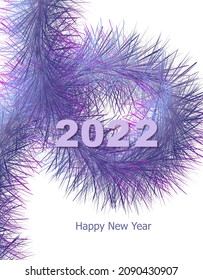 Postcard, invitation Happy New Year 2022 and Merry Christmas. Abstract background with tinsel. Trending colors. Vector illustration