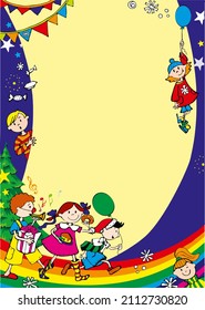 Postcard and invitation Happy New Year kids at the carnival and festive party with stars confetti Christmas tree balls and sweets_there is Space for text