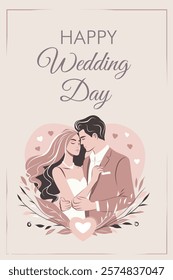 Postcard, invitation Happy Wedding Day. Vector illustration in soft pastel colors, vintage style. Man and woman in each other's arms, symbolizing romance and tenderness. For love sites, dating apps