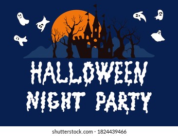 Postcard - an invitation to the holiday of Halloween. Lettering - Halloween night party. Castle, trees, ghosts.
