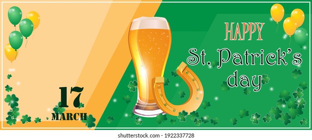 Postcard, invitation to the holiday of St. Patrick's Day. Beer, clover, horseshoe and balloons in orange and green colors and festive style