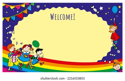 Postcard and invitation kids at the carnival and festive party with stars confetti tree balls and sweets_there is Space for text welcome