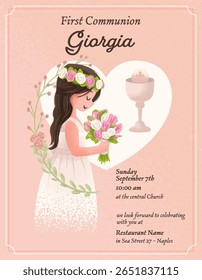 postcard invitation to a little girl's first communion, cute illustration