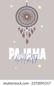 Postcard invitation to a pajama party, colored dream catcher in the night, starry sky.