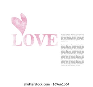 Postcard invitation print template for St. Valentine's Day, pink watercolor hearts and letters on white background and text, isolated