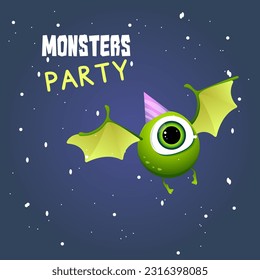 Postcard invitation with a round green monster 