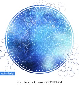 Postcard or invitation template, abstract painted round label with magic winter blue texture, falling snow lighting effect, decorative pattern and curly lines. Fully editable.