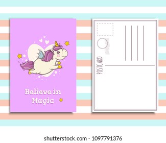 Postcard invitation template with cute unicorn
