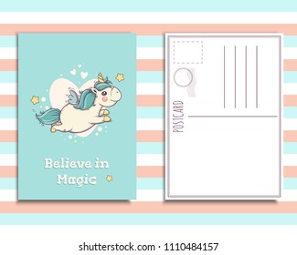Postcard invitation template with cute unicorn