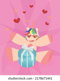 postal o plantilla de invitación para el fondo de un niño de unicornio con una caja de regalo. Caricatura sobre un unicornio mágico. Ilustración vectorial en un estilo plano