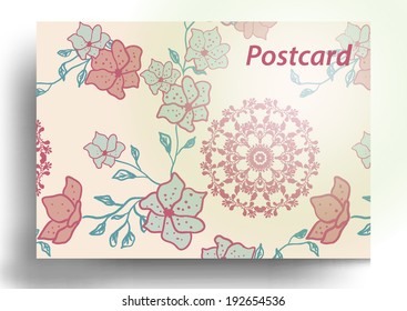 Postcard, Invitation, thank you card, horizontal doodle. Vector illustration. Elegance horizontal background and floral round ornament.
