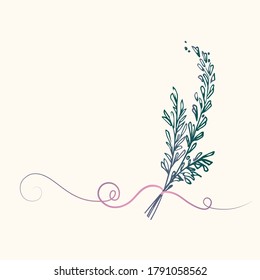 Postal, invitación para el diseño de la boda. Ramas con cinta rosa.