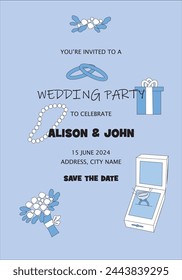 Postcard invitation to a wedding party, pearls, bridal bouquet, wedding rings and more.