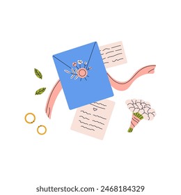 Postcard with invitation to wedding. Postal letter with decoration, flowers. Post envelope with waxing stamp, sealing wax. Paper correspondence. Flat isolated vector illustration on white background