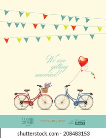 Postcard invitation to the wedding. Red and blue bikes for the bride and groom. Colorful pins. Balloon in the shape of heart. Vector illustration