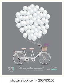 Postcard Invitation To The Wedding. Tandem Bike And Balloons. Vector Illustration In Vintage Style.