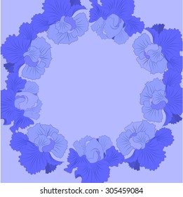 postcard with irises on a purple background