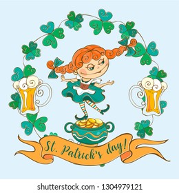 Postcard with an Irish girl for St. Patrick's day. Vector. 