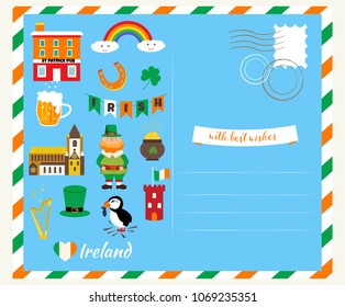 Postcard with Irish symbols and elements.