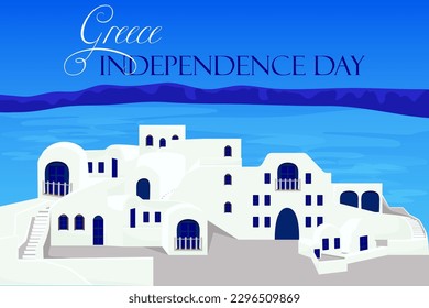 Postal con isla en Grecia para la celebración del Día de la Independencia griega, vector