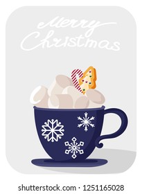 postcard with isolated object of a Cup of coffee..Hand drawn Christmas card. Merry Christmas and New Year typography. Cute holidays greeting card, invitation, poster and templates. Vector.
