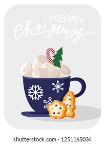 postcard with isolated object of a Cup of coffee..Hand drawn Christmas card. Merry Christmas and New Year typography. Cute holidays greeting card, invitation, poster and templates. Vector.