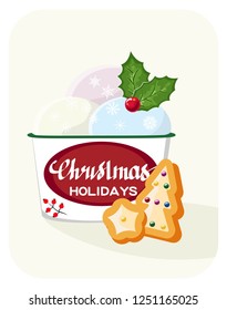 postcard with isolated object of a Cup of ice cream.Hand drawn Christmas card. Merry Christmas and New Year typography. Cute holidays greeting card, invitation, poster and templates. Vector.