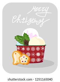 postcard with isolated object of a Cup of ice cream.Hand drawn Christmas card. Merry Christmas and New Year typography. Cute holidays greeting card, invitation, poster and templates. Vector.