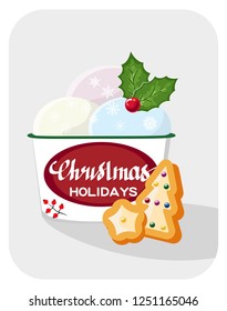 postcard with isolated object of a Cup of ice cream.Hand drawn Christmas card. Merry Christmas and New Year typography. Cute holidays greeting card, invitation, poster and templates. Vector.