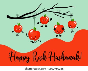 Postcard for the Jewish New Year. Apple fruit symbol Text Translation: Happy Rosh Hashanah.Jewish New Year, Yom Kippur, Tishrei, Rosh Hashana