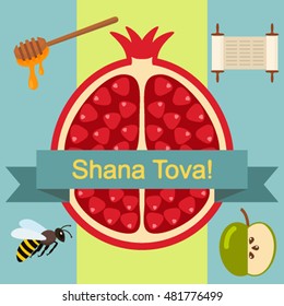 Postcard of the Jewish new year (Rosh Hashanah). flat vector illustration isolated