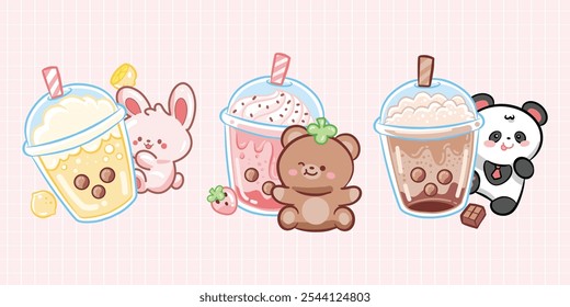 Postcard with kawaii bubble tea on a pink background. Vector graphics.