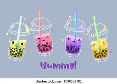 Postcard with kawaii bubble tea. Vector graphics.