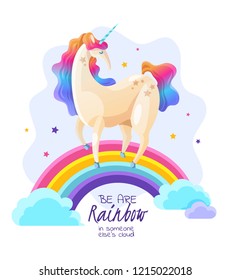 Postcard  for kids with cute unicorn standing on rainbow stars and clouds cartoon vector illustration