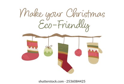 A postcard with knitted new year decorations. Sustainable eco-friendly christmas concept. Alternative eco xmas. Handmade gifts, decor. Plastic free winter holidays. Editable vector illustration