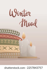 Postal con elementos de punto y letra manuscrita "Invernal". Hobby de punto. Dulces y velas. Ropa cálida, invierno acogedor. Ilustración vectorial para afiches, banner, publicidad, portada.