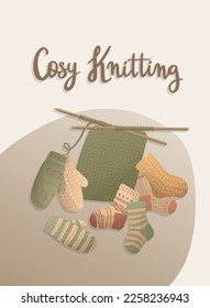 Postal con elementos de punto y letra manuscrita "Tejido acogedor". Hobby de punto. Hilos, medias, guantes. Ropa cálida, invierno acogedor. Ilustración vectorial para afiches, banner, publicidad, portada