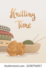 Postcard with knitting elements and handwritten lettering "Cosy Knitting". Knitting hobby. Threads and sweaters. Warm clothes, cozy winter. Vector illustration for poster, banner, advertising, cover.