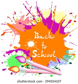 Postcard for Knowledge Day. Back to school. Colorful blots with paintbrushes on white page. Vector illustration