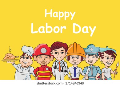 Postcard to Labor Day. Group of cartoon people of different professions with the inscription "Labor Day" .Vector illustration.