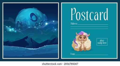 Postcard with lamb wear sleeping hat at night landscape with full moon in starry sky. Cartoon postal card with cute funny sheep character dream. Vector letter template with address and place for stamp