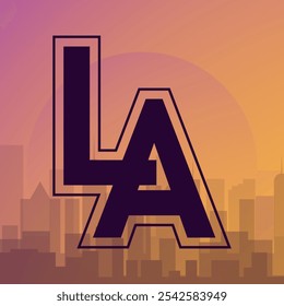 Postcard with landscape of American city of Los Angeles in California. Cityscape with skyscrapers, palm trees and sun. Tourism and vacation. Cartoon flat vector illustration