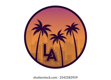 Cartão postal com paisagem da cidade americana de Los Angeles na Califórnia. Paisagem urbana com arranha-céus, palmeiras e sol. Turismo e férias. Ilustração de vetor plano de desenhos animados