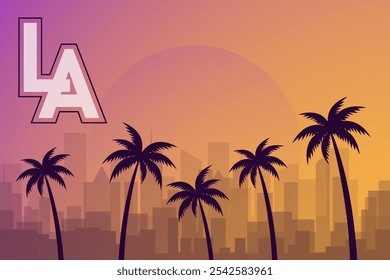 Postcard with landscape of American city of Los Angeles in California. Cityscape with skyscrapers, palm trees and sun. Tourism and vacation. Cartoon flat vector illustration