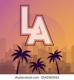 Cartão postal com paisagem da cidade americana de Los Angeles na Califórnia. Paisagem urbana com arranha-céus, palmeiras e sol. Turismo e férias. Ilustração de vetor plano de desenhos animados