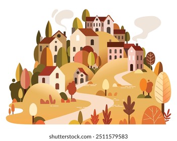 Ilustração de paisagem postal - pequena cidade mediterrânea com colinas e árvores. Época de outono na cidade - árvores de ouro e arbustos. Panorama de design plano