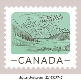 Postcard with landscapes in Canada, wildlife and mountain scenery in Canadian cities. Postal mark or card, mailing letter, and correspondence. Monochrome sketch outline. Vector in flat style