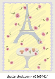 Postcard, leaflet, poster with the Eiffel Tower and roses. Cafe in Paris.