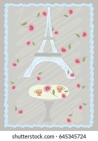 Postcard, leaflet, poster with the Eiffel Tower and roses. Cafe in Paris.
