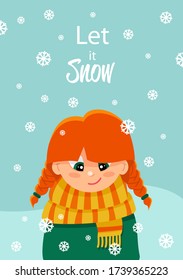 Postcard Let it Snow. Ilustración vectorial de una chica de cabello rojo atrapa copos de nieve. Ilustración de invierno. Imágenes prediseñadas.